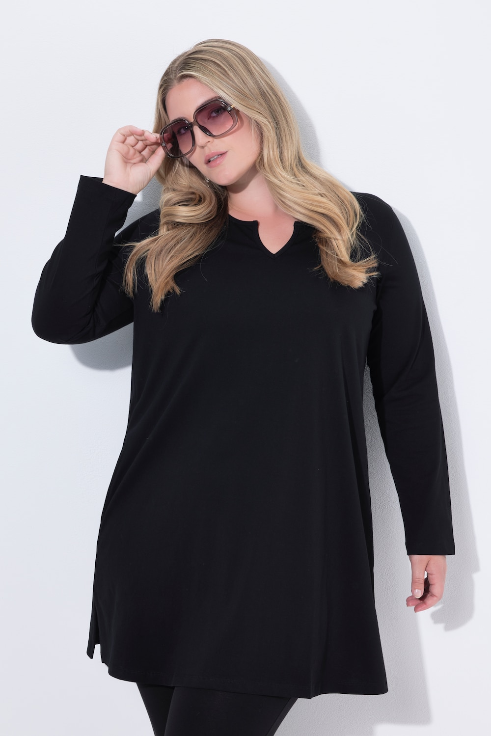 Longshirt, A-Linie, Tunika-Ausschnitt, Langarm