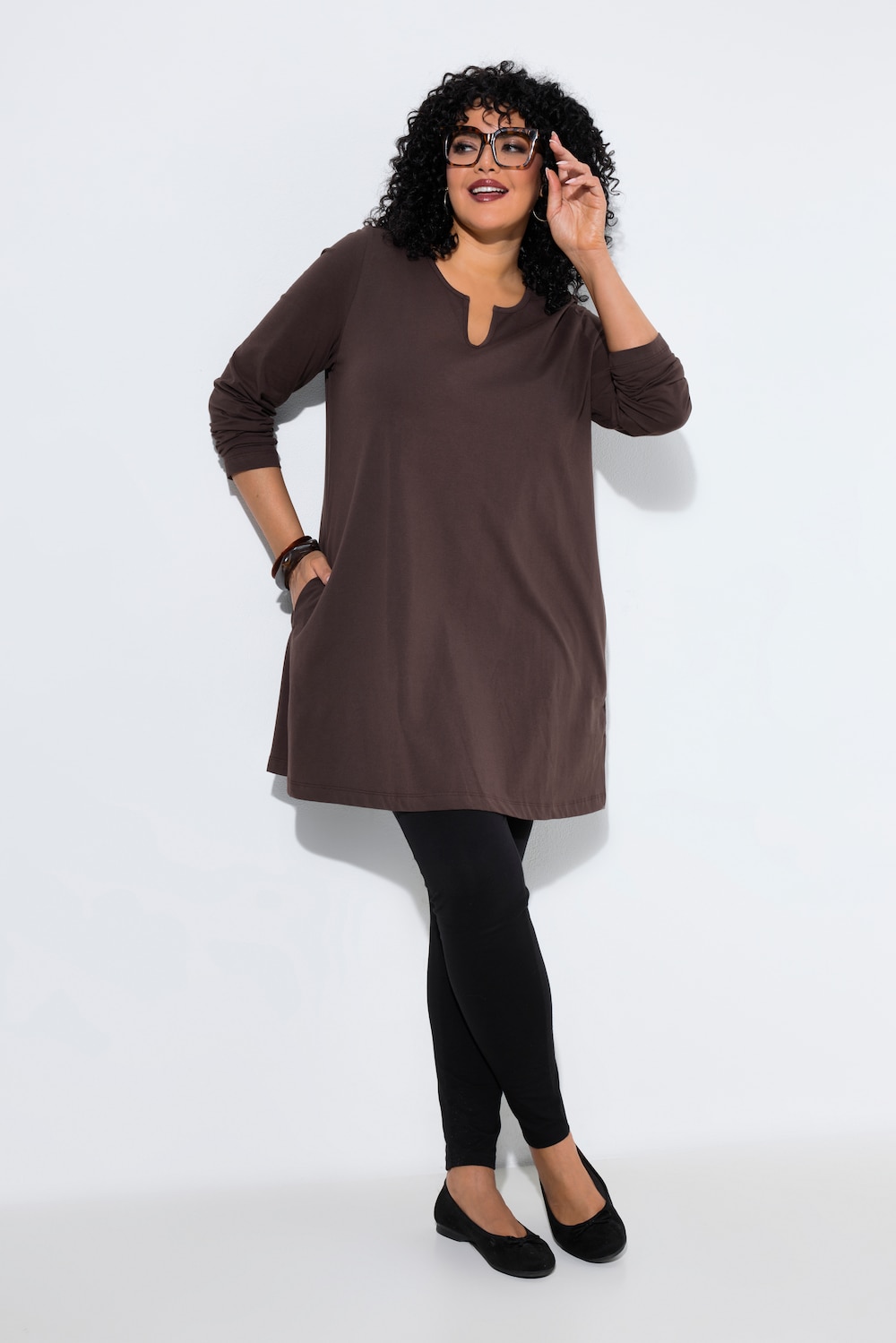 Longshirt, A-Linie, Tunika-Ausschnitt, Langarm
