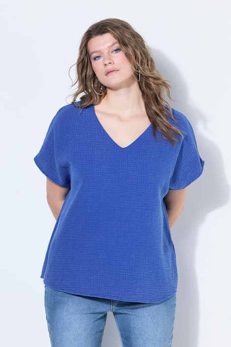 Overhemdblouse, oversized, mousseline, V-hals