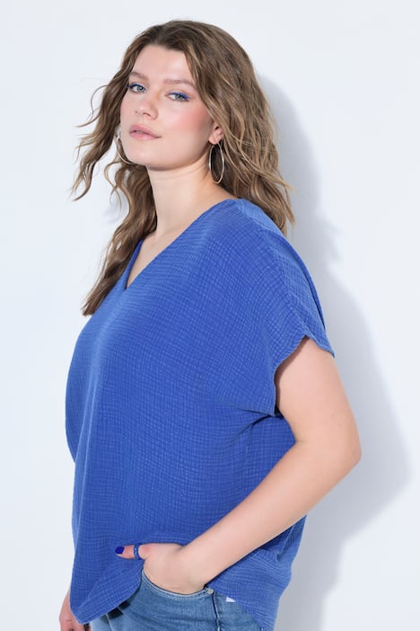 Overhemdblouse, oversized, mousseline, V-hals