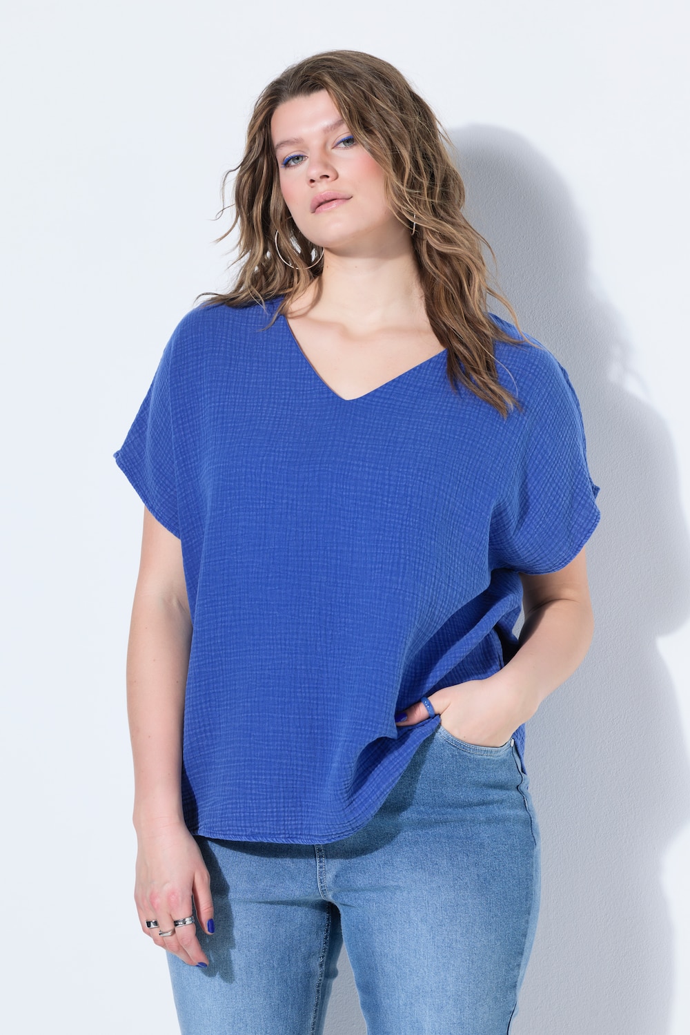 Blusenshirt, oversized, Musselin, V-Ausschnitt