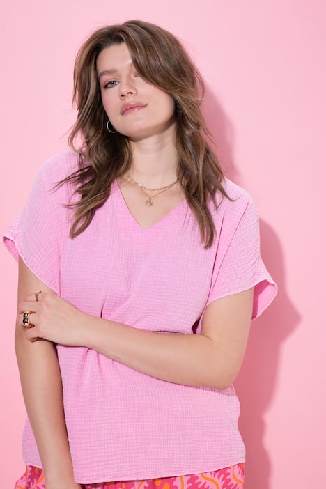 Overhemdblouse, oversized, mousseline, V-hals