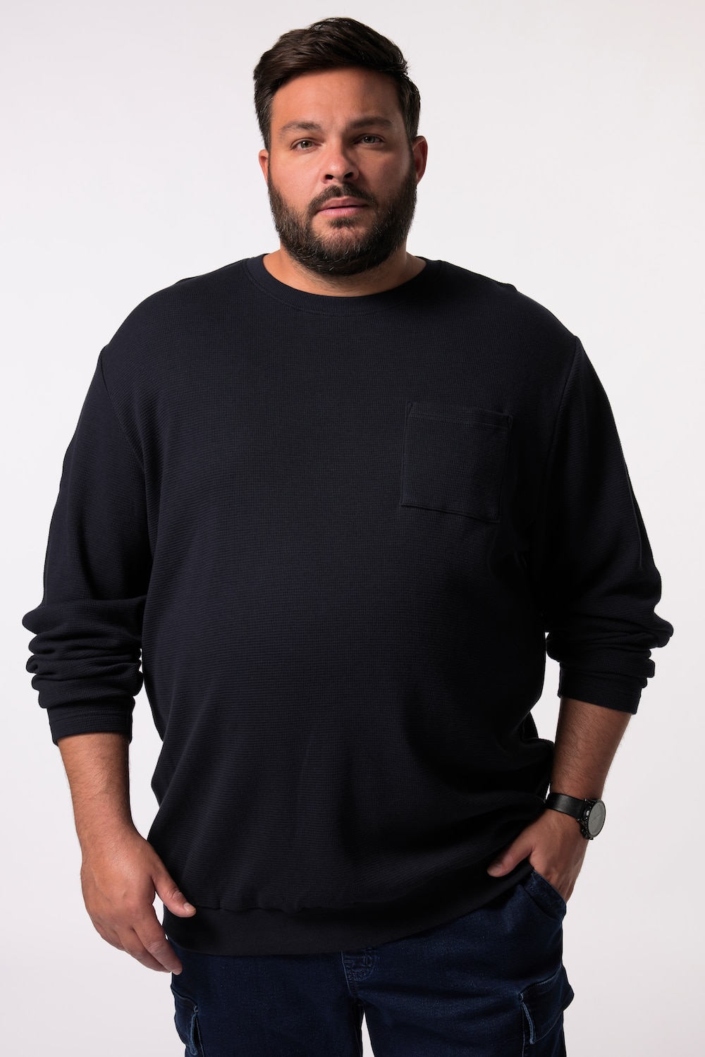 Men+ shirt met lange mouwen, wafelstructuur, Buik-Fit, ronde hals, tot 8XL