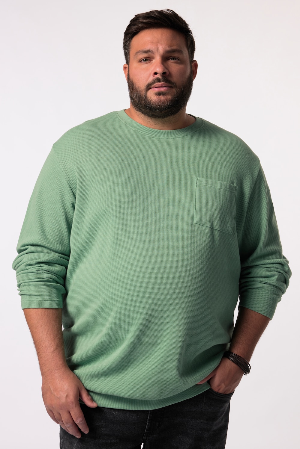 Men+ shirt met lange mouwen, wafelstructuur, Buik-Fit, ronde hals, tot 8XL