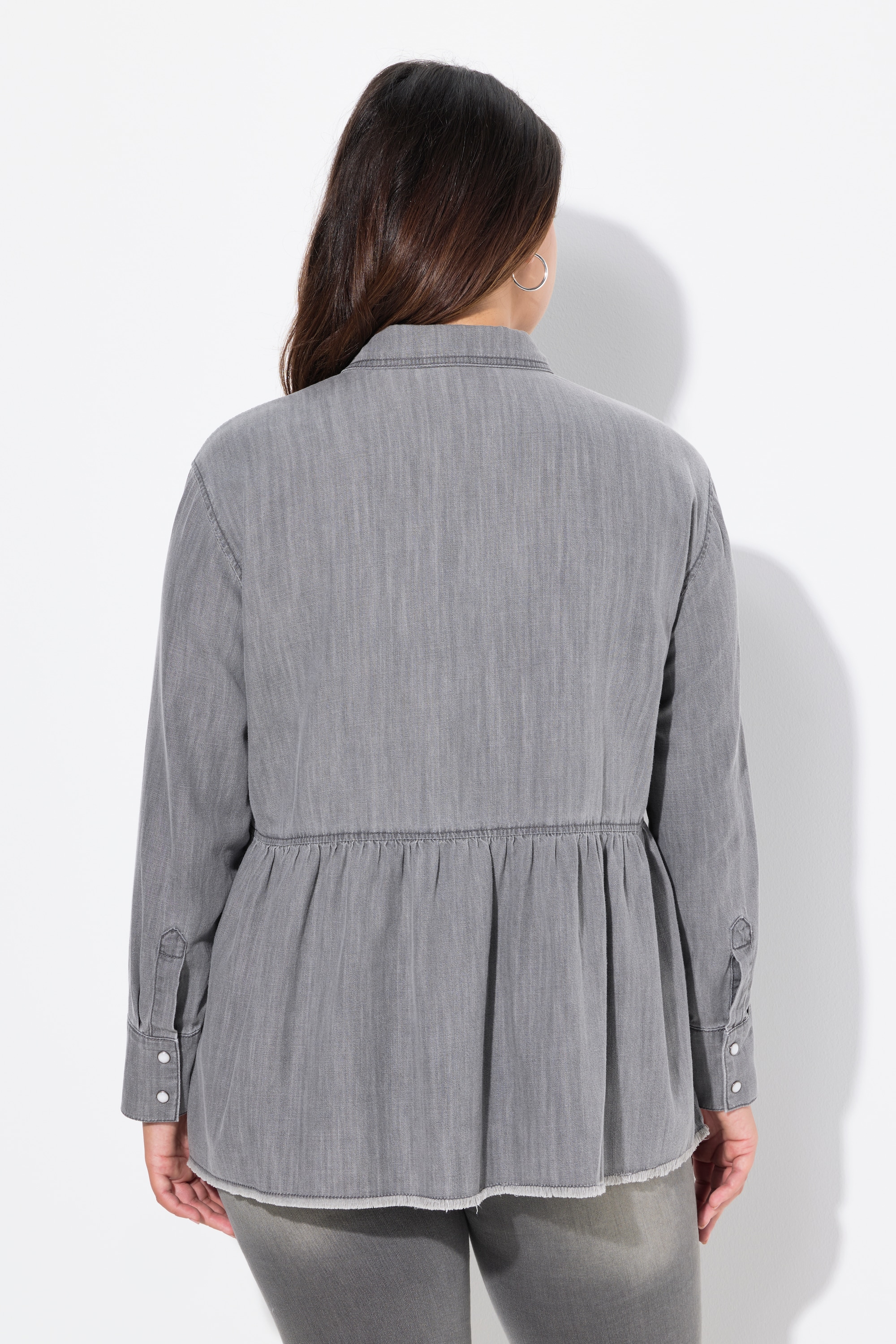 Ulla Popken Damen große Größen Jeansbluse Volant A Linie Hemdkragen Langarm