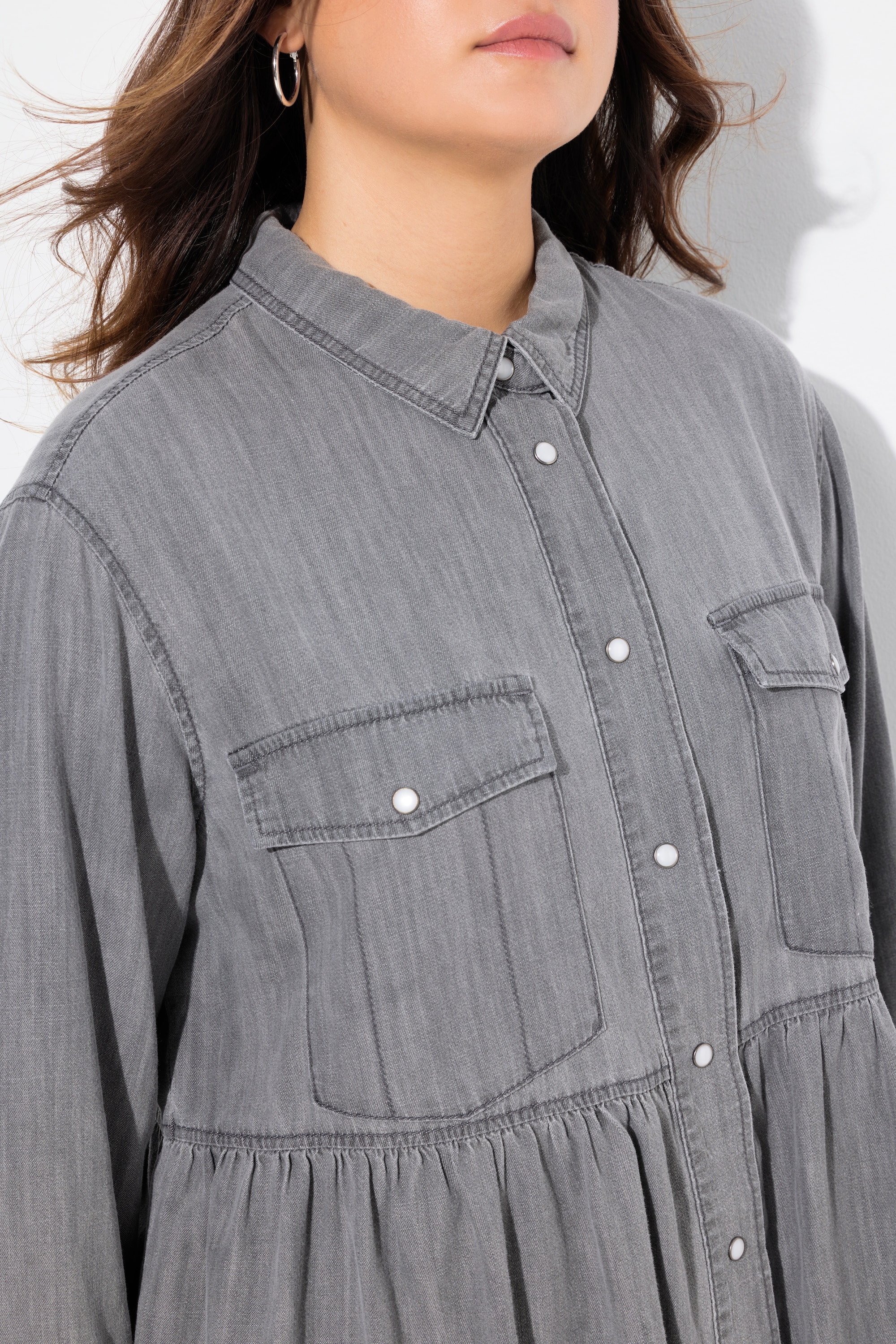 Ulla Popken Damen große Größen Jeansbluse Volant A Linie Hemdkragen Langarm