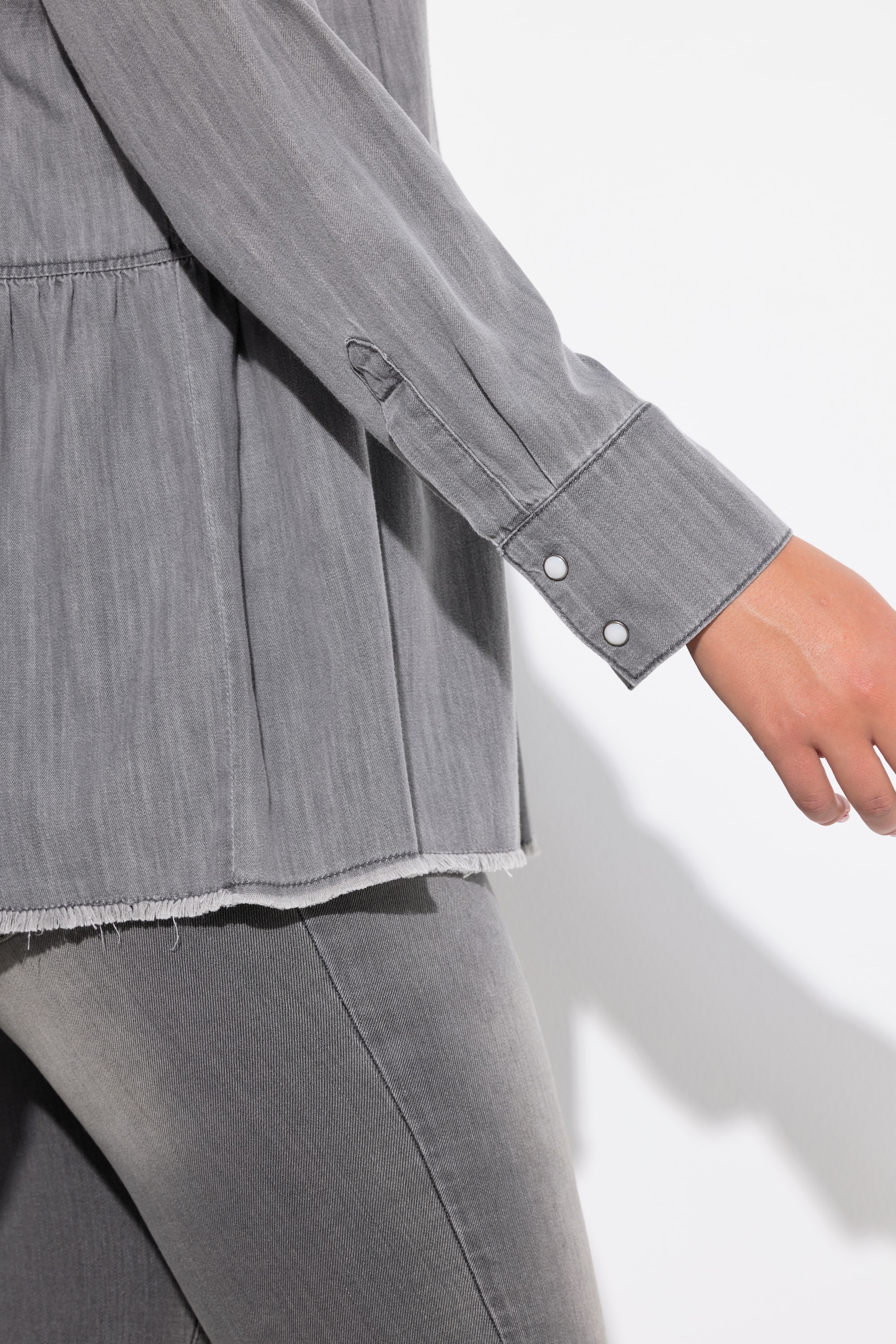 Ulla Popken Damen große Größen Jeansbluse Volant A Linie Hemdkragen Langarm