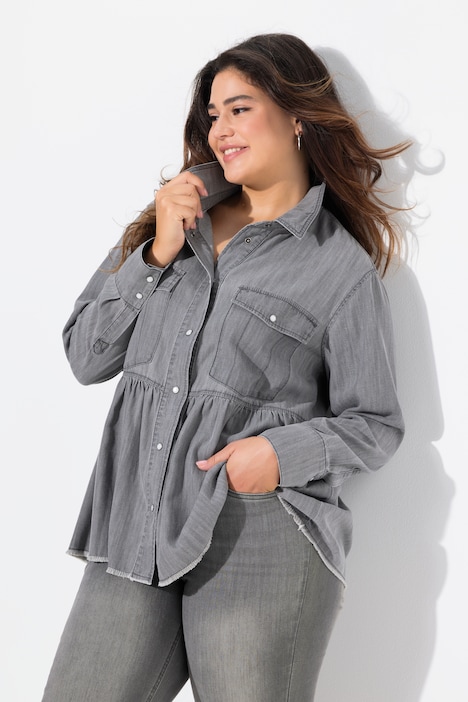 Lyocell Flounce Panel Denim Blouse