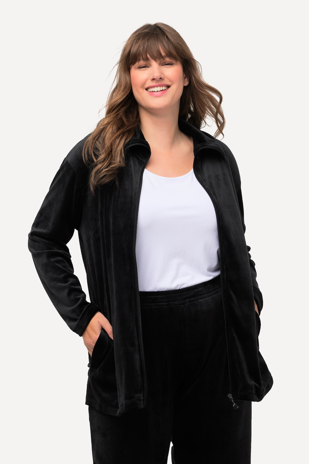 Große Größen Loungewear-Nickijacke, Damen, schwarz, Größe: 46/48, Polyester, Ulla Popken