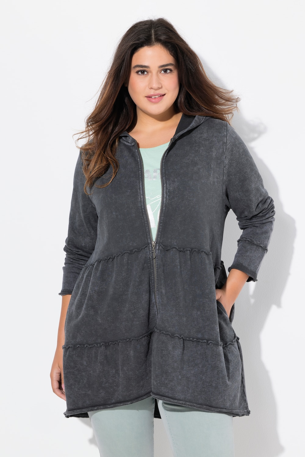 Große Größen Long-Hoodiejacke, Damen, grau, Größe: 58/60, Baumwolle, Ulla Popken