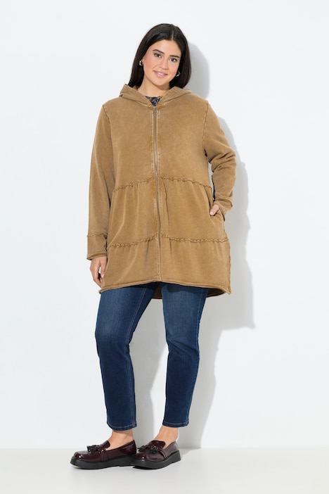 Lange hoodie-jas, vintage look, A-lijn, capuchon