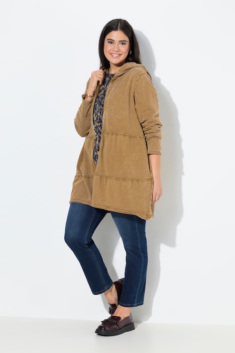 Lange hoodie-jas, vintage look, A-lijn, capuchon