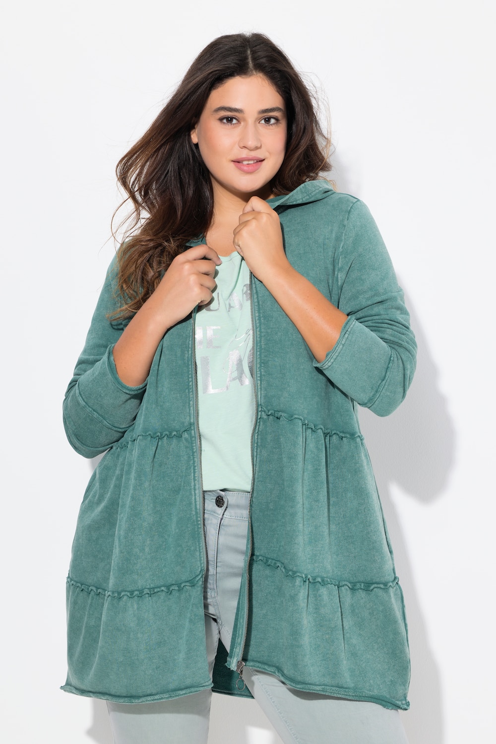 Große Größen Long-Hoodiejacke, Damen, türkis, Größe: 62/64, Baumwolle, Ulla Popken