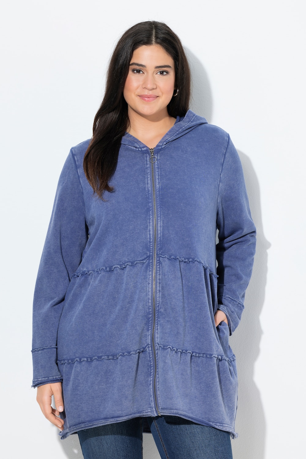Thumbnail - Große Größen Long-Hoodiejacke, Damen, blau, Größe: 50/52, Baumwolle, Ulla Popken