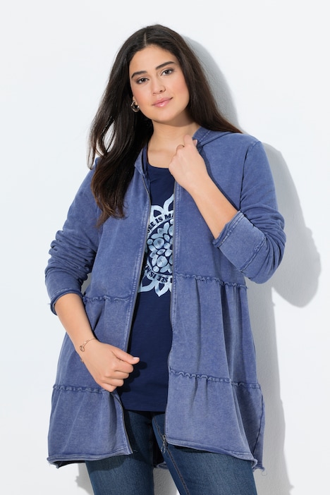 Lange hoodie-jas, vintage look, A-lijn, capuchon