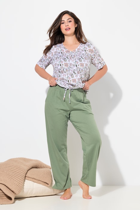 Pyjama 2 pièces, haut imprimé floral, manches courtes et col en V, pantalon avec poches