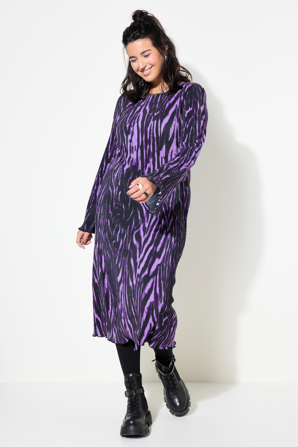 Plissee-Midikleid, Slim Shape, Alloverprint, Langarm