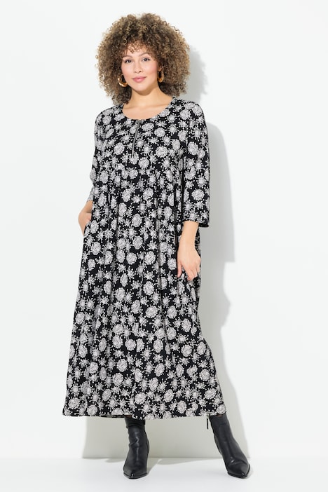 Robe midi en jersey à col rond et manches 3/4, motif pissenlit