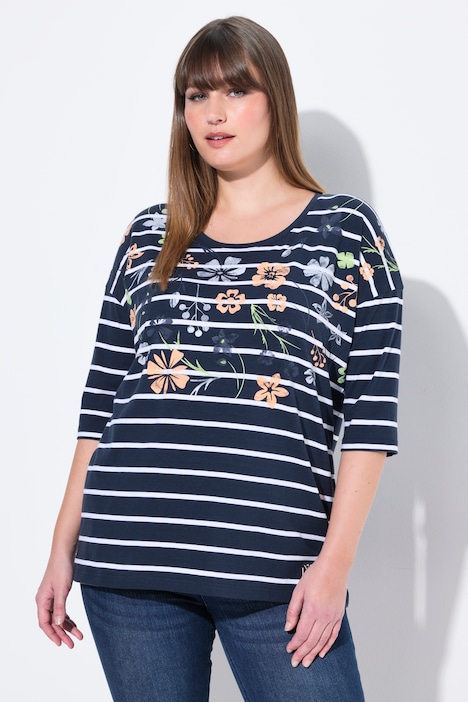 Striped Flower Motif 3/4 Sleeve Tee