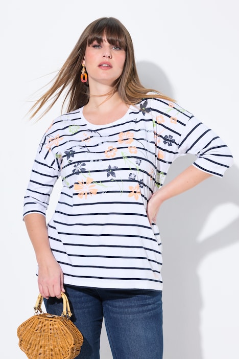 T-shirt oversize, imprimé fleurs/rayures, col rond et manches courtes