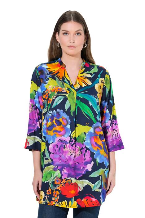 Tunika, stojáček, výstřih do V, ozdobné sklady, 3/4 rukávy