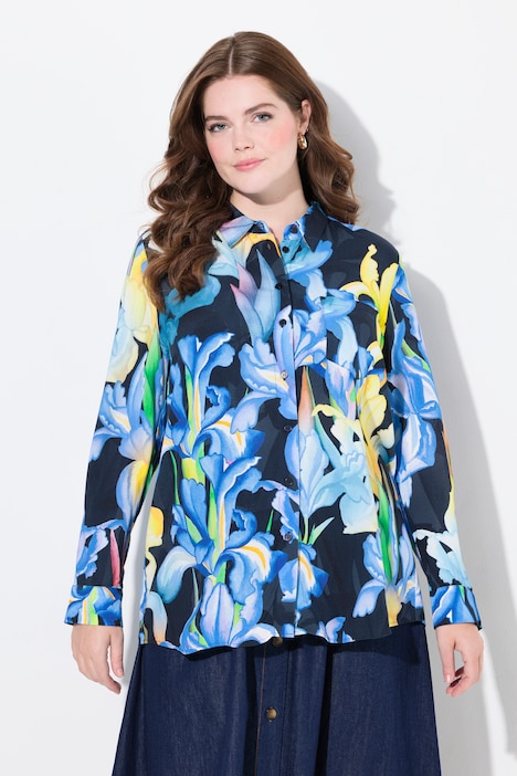 Iris Print Long Sleeve Button Down Blouse