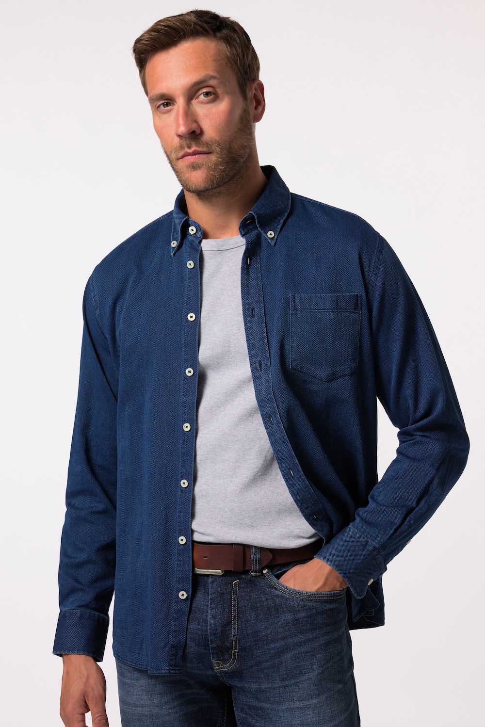 JP 1880 denim overhemd, lange mouwen, buttondown-kraag, vintage look, Modern Fit, tot 8XL