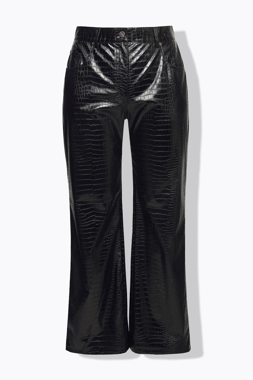 Stora storlekar Byxa Mary i skinnimitation med vida ben och krokodilprägling, Dam, svart, storlek: 42, Polyester/Syntetfibrer, Ulla Popken