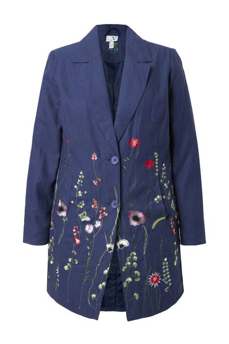 Lněný kabát, květinová výšivka, stojáček