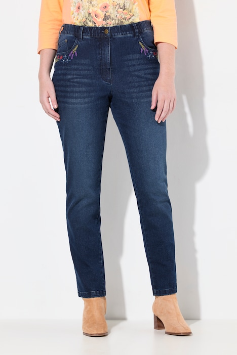 Jean Mia en denim extensible, taille confortable et motifs brodés