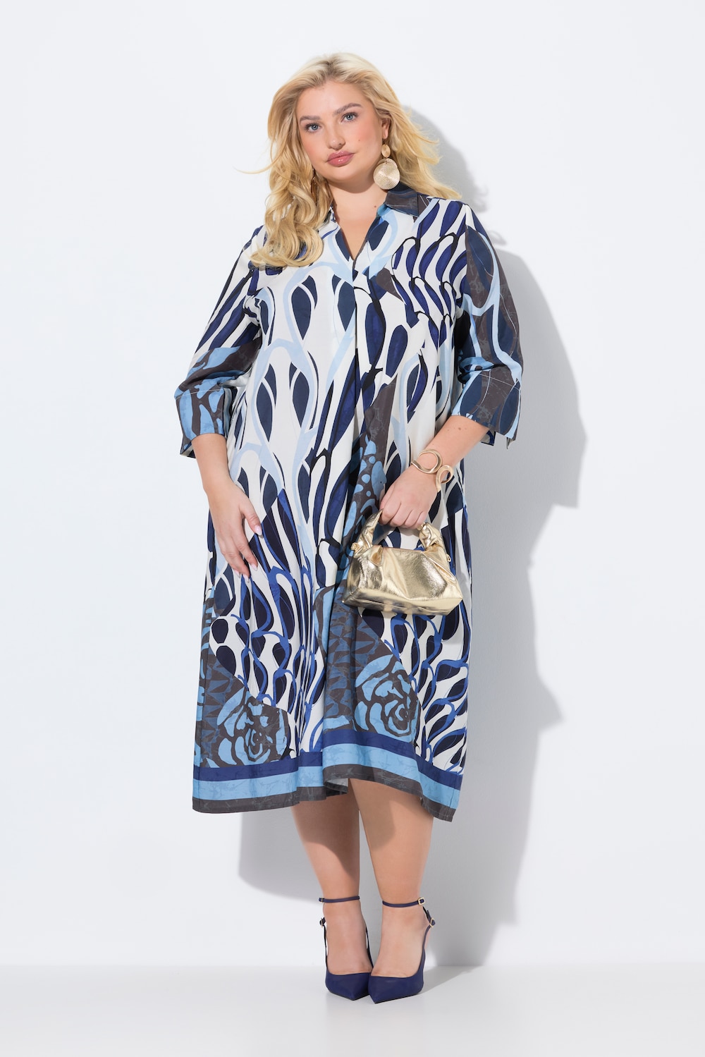 Lyocell-Midikleid, A-Linie, Hemdkragen, 3/4-Arm