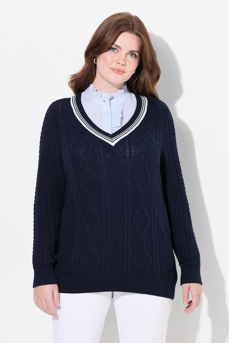 Maglione con trecce, scollo a V e maniche lunghe