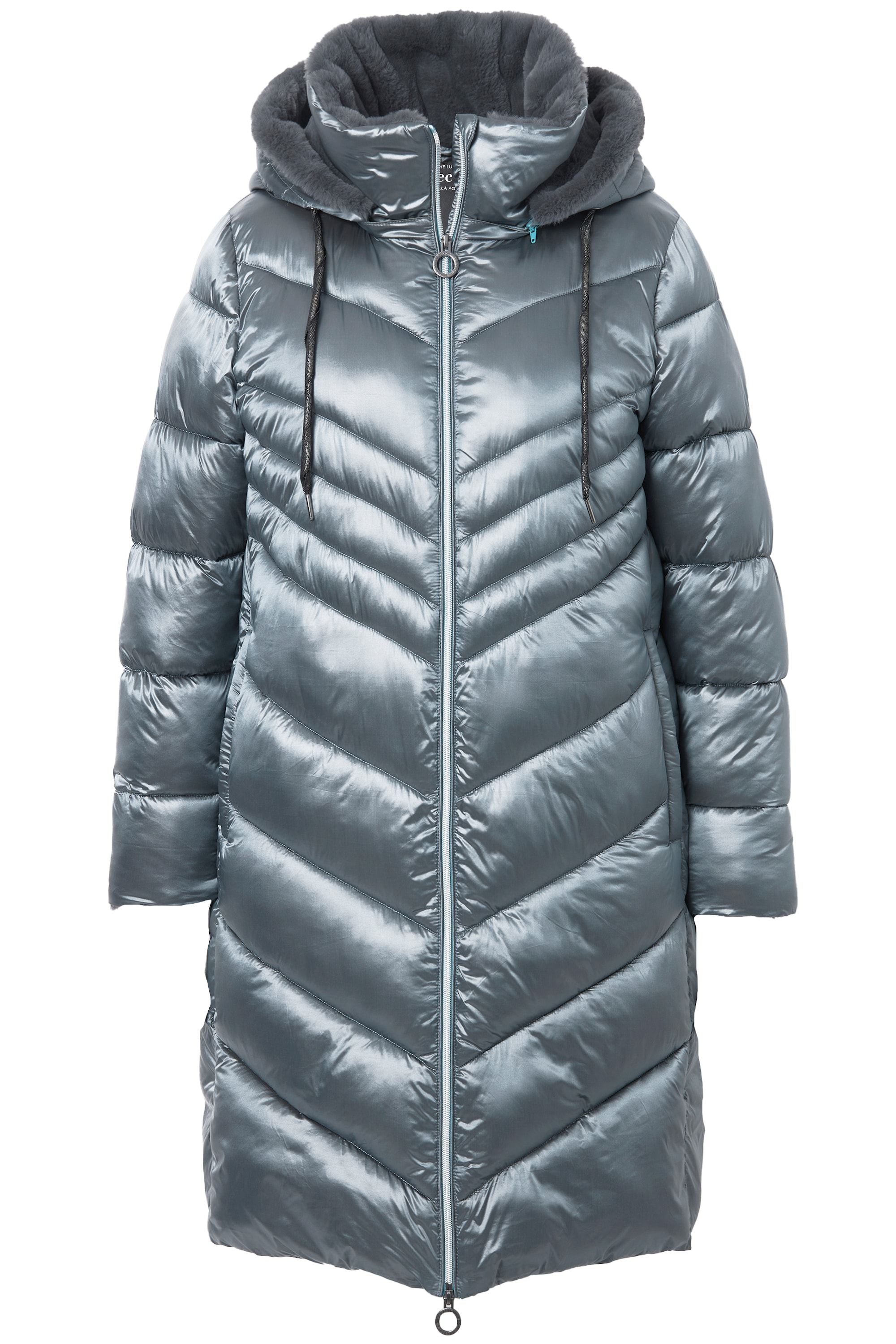 Ulla Popken Damen große Größen Steppmantel Metallic Schimmer Webpelz