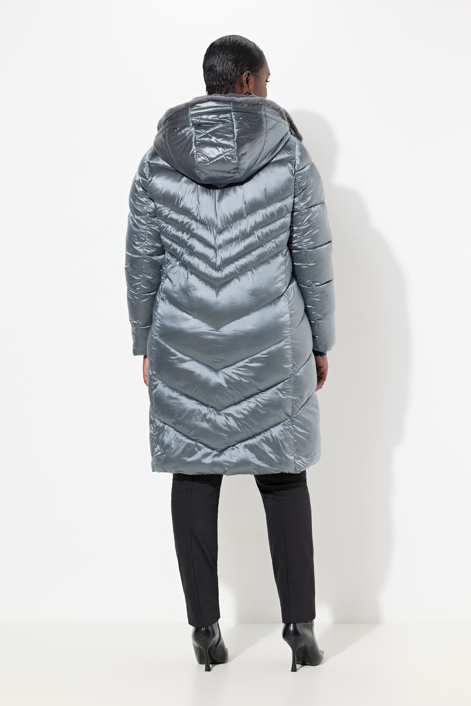 Ulla Popken Damen große Größen Steppmantel Metallic Schimmer Webpelz