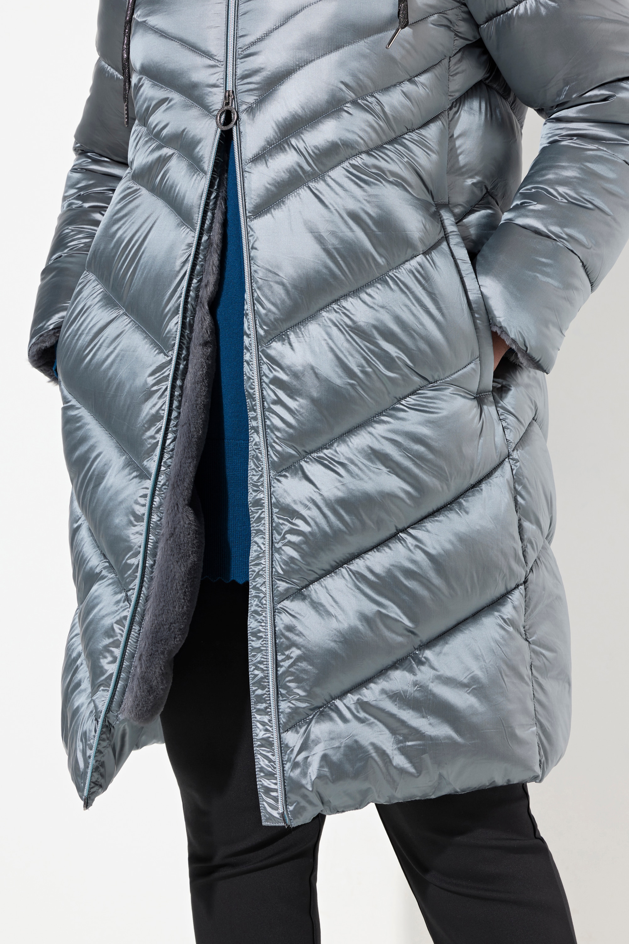Ulla Popken Damen große Größen Steppmantel Metallic Schimmer Webpelz