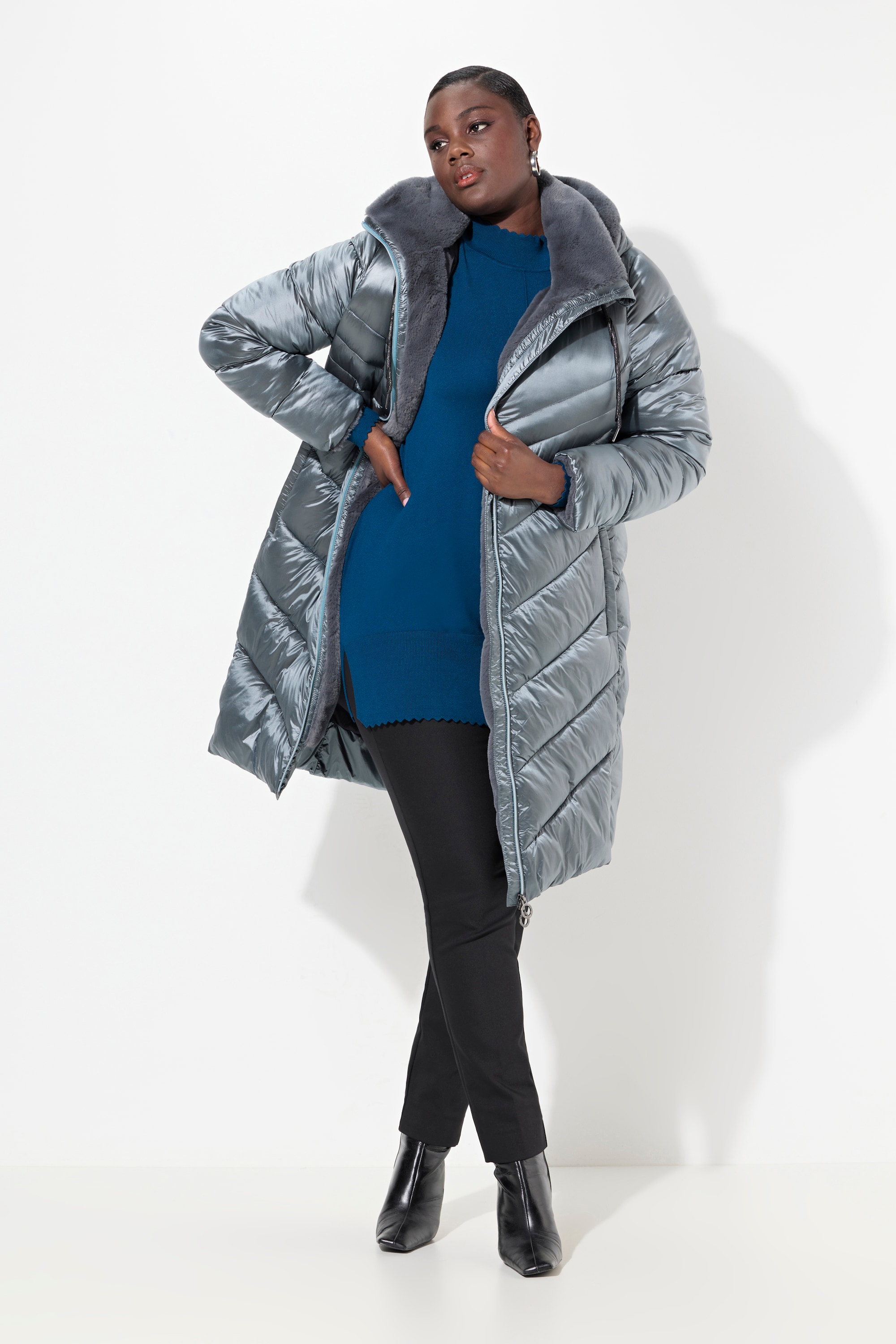 Ulla Popken Damen große Größen Steppmantel Metallic Schimmer Webpelz