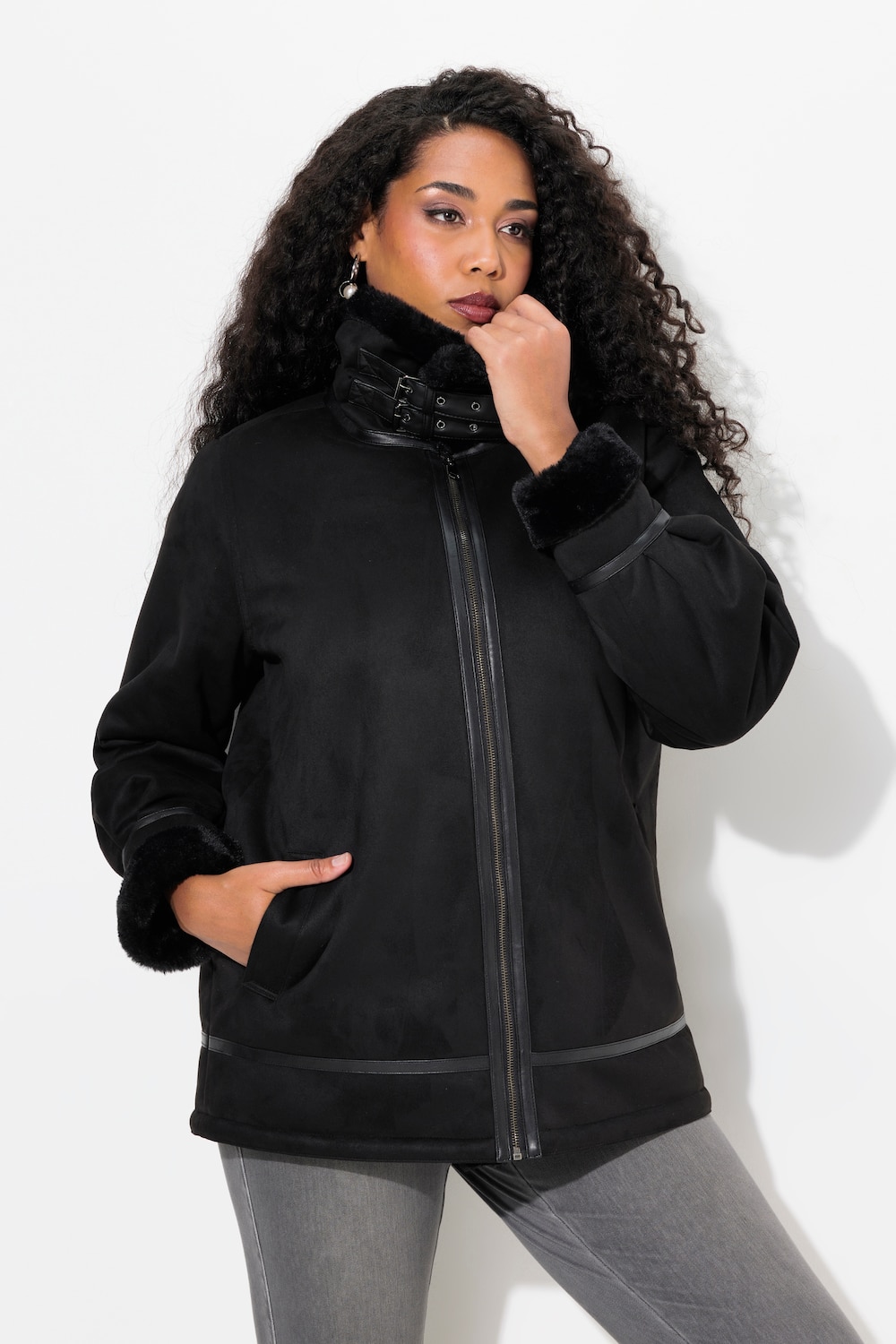 Große Größen Aviator-Jacke, Damen, schwarz, Größe: 54/56, Polyester, Ulla Popken