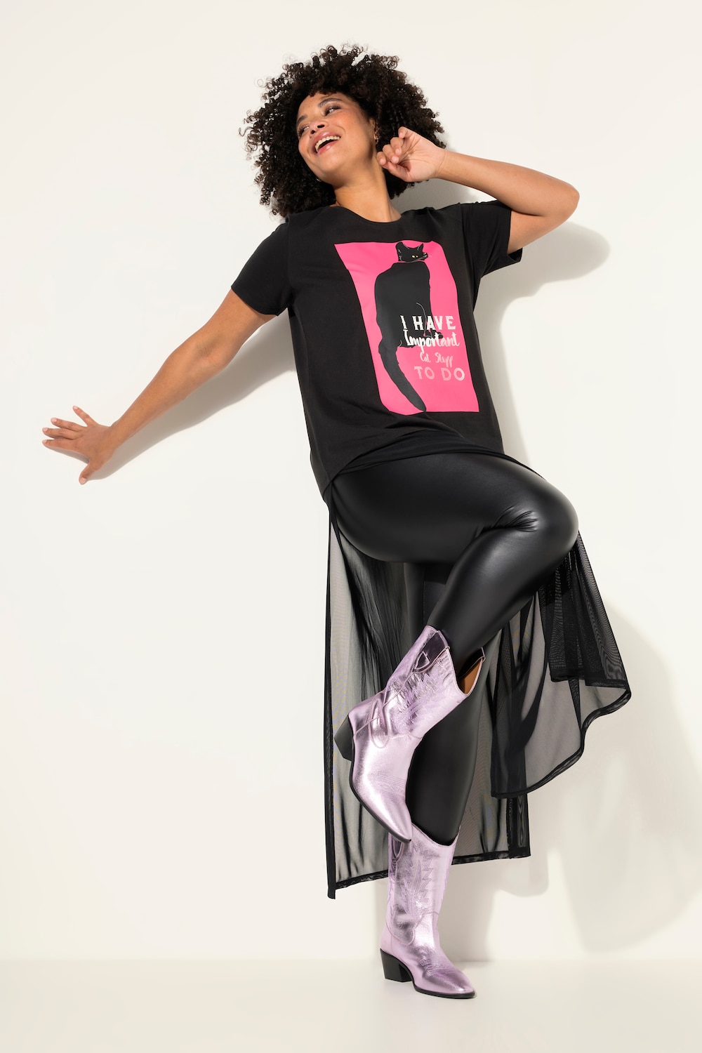 Longshirt, A-lijn, aangezette mesh-rok, katten-motief