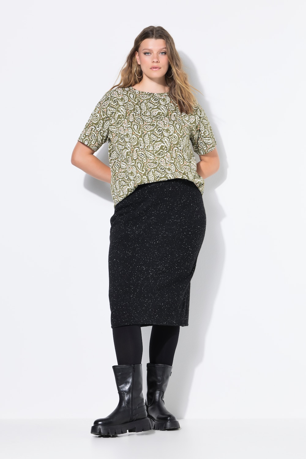 Gebreide rok, slim model, midi-lengte, pepper & salt