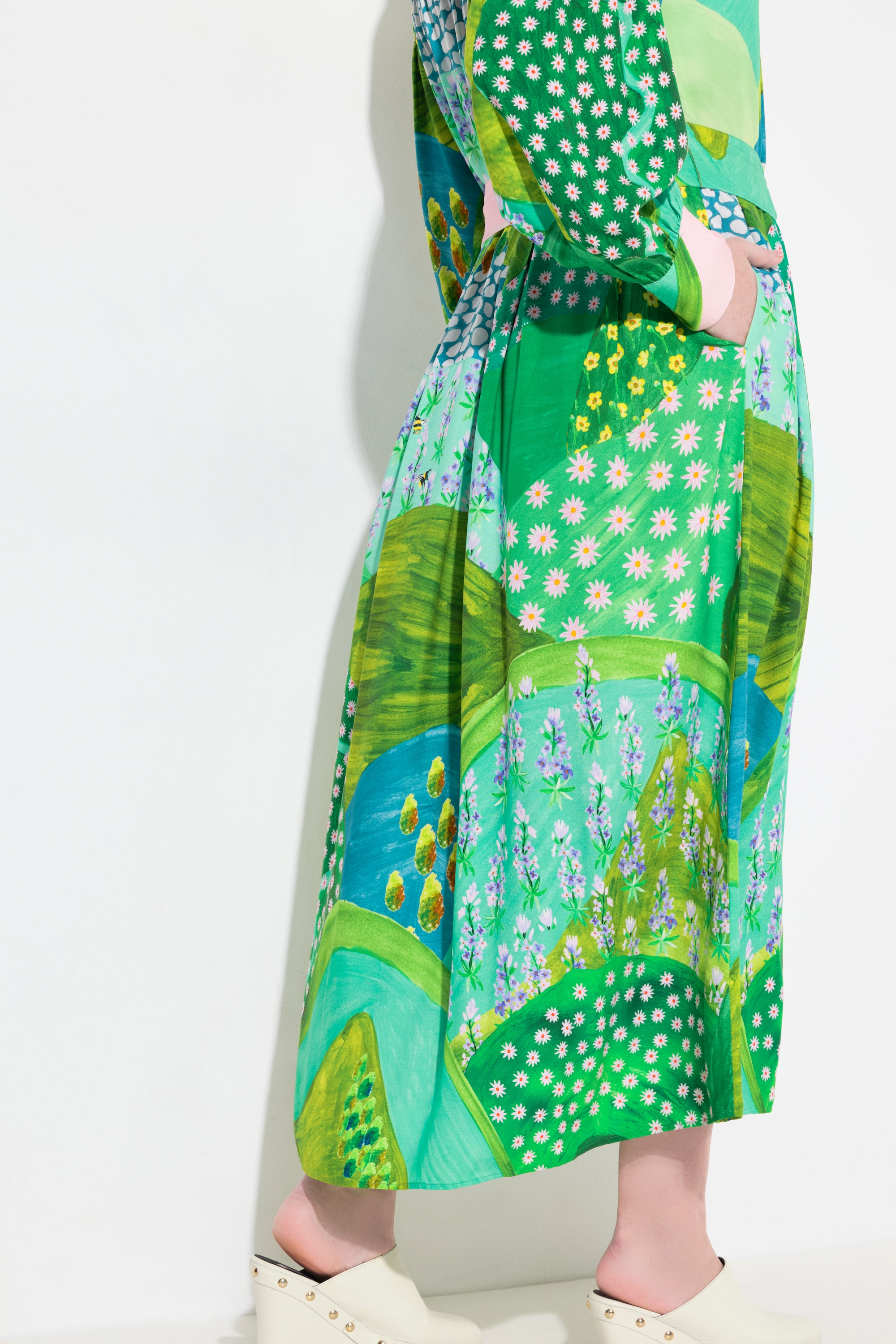 Ulla Popken Damen große Größen Maxikleid A Linie Bubikragen Langarm