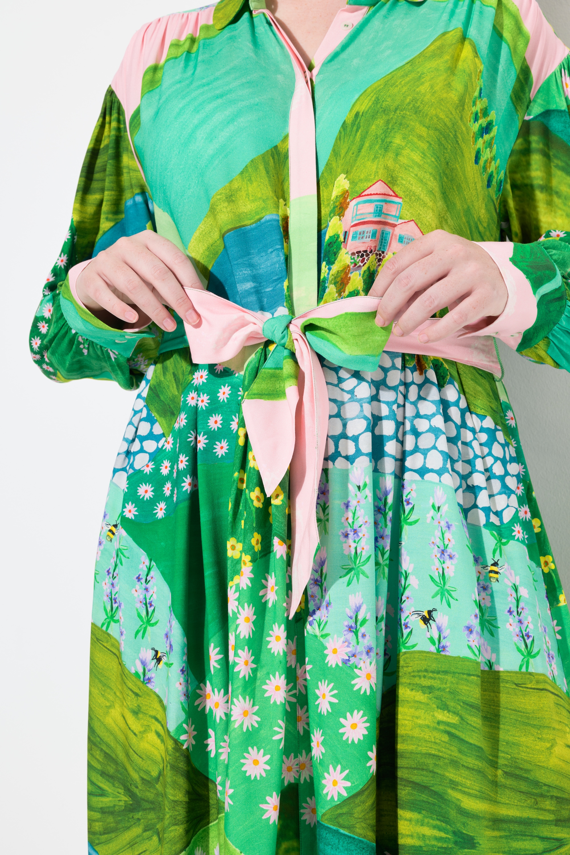 Ulla Popken Damen große Größen Maxikleid A Linie Bubikragen Langarm
