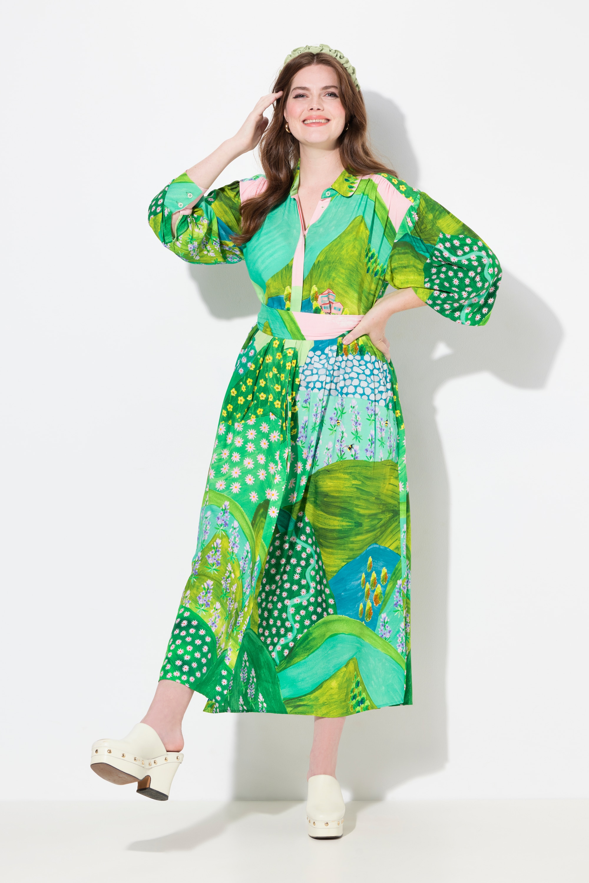 Ulla Popken Damen große Größen Maxikleid A Linie Bubikragen Langarm