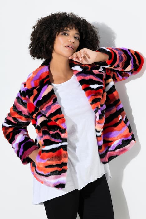 Jas van pluche, straight fit, open pasvorm, kleurig motief