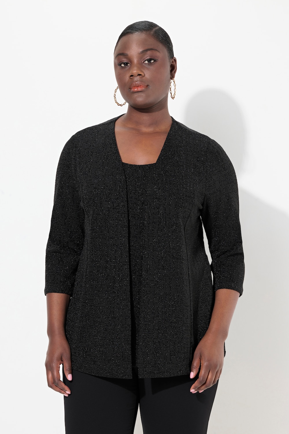 Große Größen 2-in-1-Blusenshirt, Damen, schwarz, Größe: 54/56, Polyester/Metallische Fasern, Ulla Popken