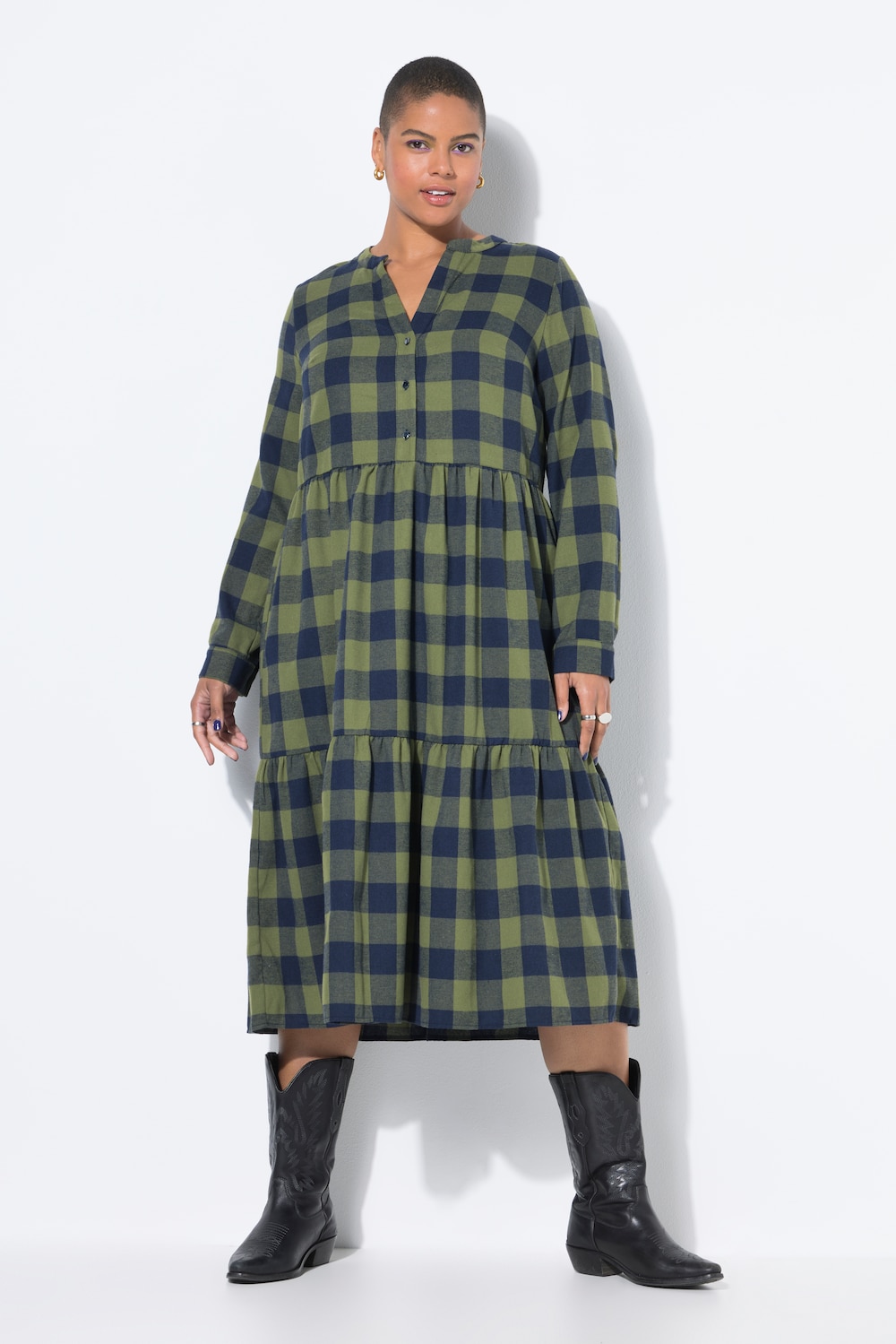Midi-Flanellkleid, Karo, Tunika-Ausschnitt, Langarm