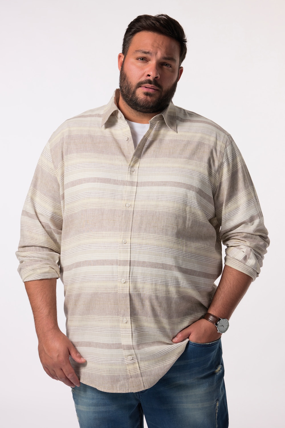 Men+ Linnenmix-streepshirt, lange mouwen, Kentkraag, Comfort Fit, tot maat 8 XL