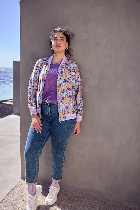 Chaqueta reversible, lisa/floral, cuello tipo college, puños acanalados