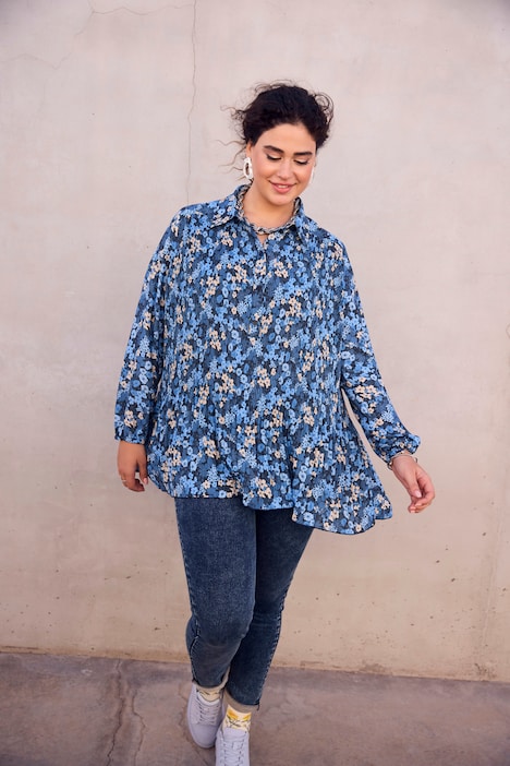 Geplooide blouse, bloemen, A-lijn, overhemdkraag, lange mouwen