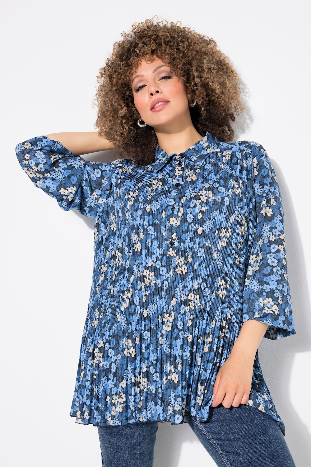 Große Größen Plissee-Bluse, Damen, blau, Größe: 62/64, Polyester, Ulla Popken