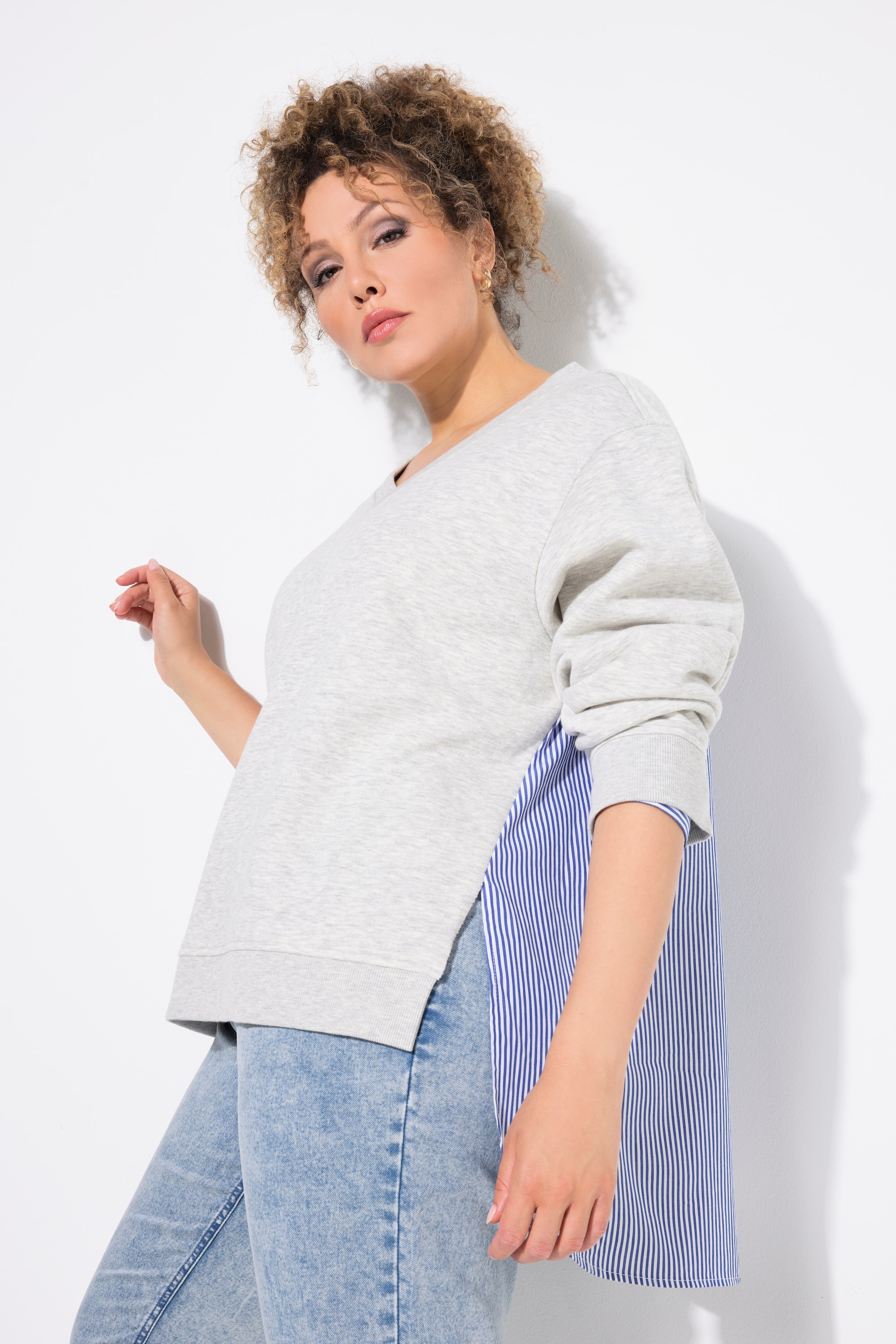 Ulla Popken Damen große Größen 2 in 1 Sweatshirt V Ausschnitt Langarm 835016